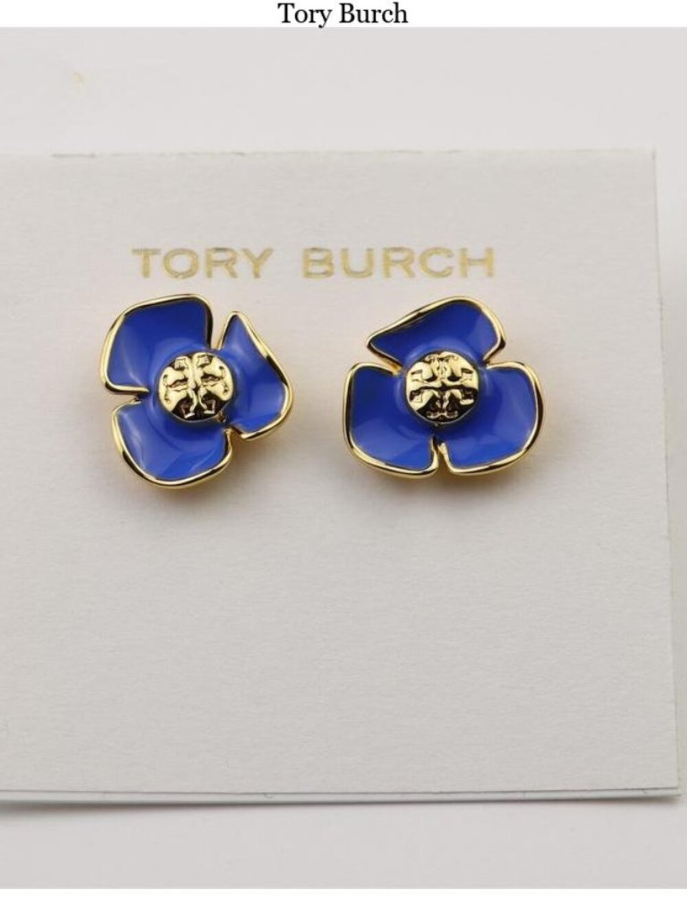 Tory Burch Blue Enamel Floral Stud Earrings with Gold-Tone Detail